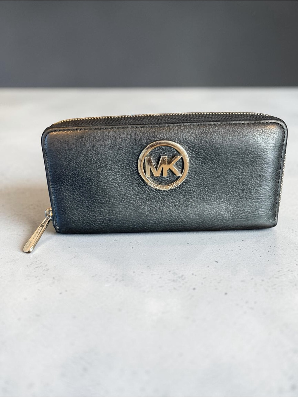 Michael Kors Black Leather Wallet with Gold MK Emblem